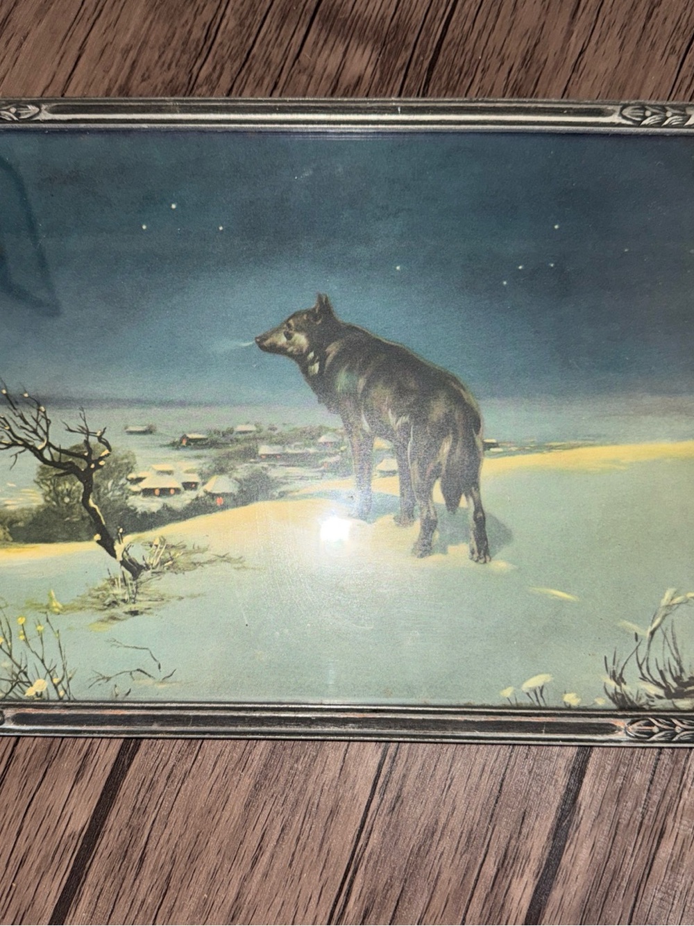 Wolf art print vintage frame snow